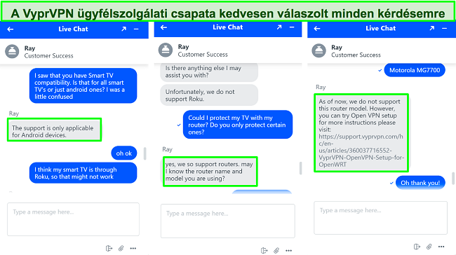 Képernyőképek a VyprVPN élő chatről