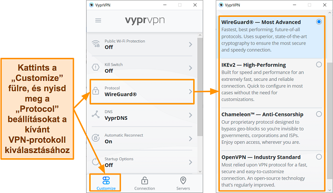 Képernyőkép a VyprVPN protokollopcióiról