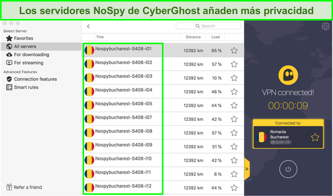 Captura de pantalla de la interfaz de CyberGhost VPN que muestra sus servidores NoSpy