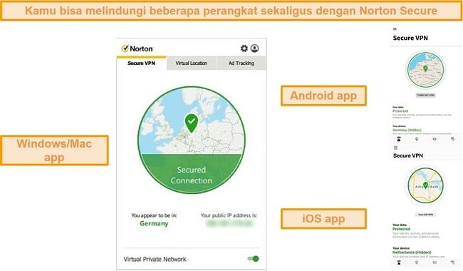 Tangkapan layar dari aplikasi Norton Secure VPN Windows, Mac, Android, dan iOS