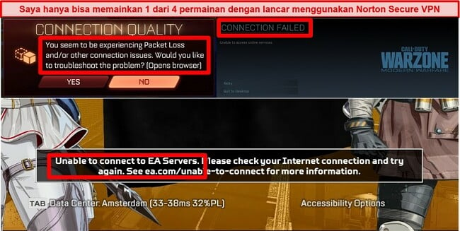 Tangkapan layar dari Norton Secure VPN menyebabkan masalah konektivitas di game online