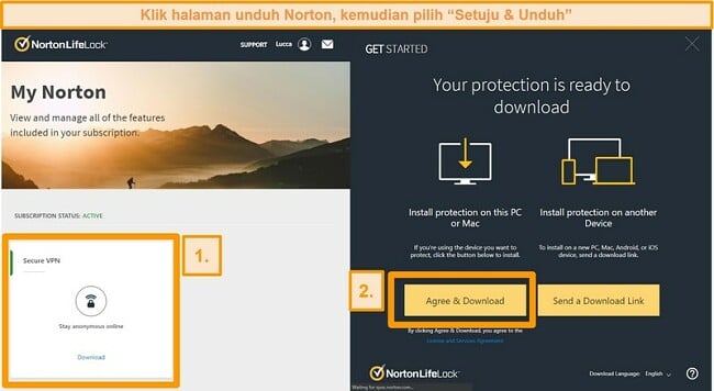 Tangkapan layar dari Norton Secure VPNs My Norton dan halaman unduhan