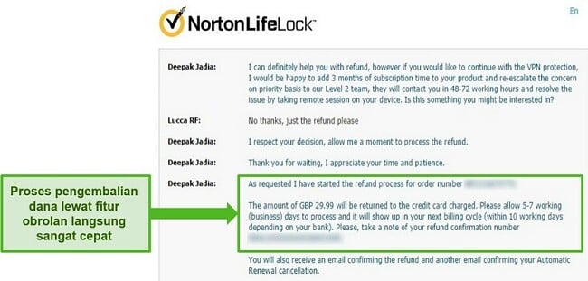 Tangkapan layar permintaan pengembalian dana melalui obrolan langsung 24/7 dari Norton Secure VPN