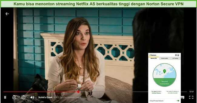 Tangkapan layar dari Norton Secure VPN yang membuka blokir Netflix AS dan streaming Schitt's Creek