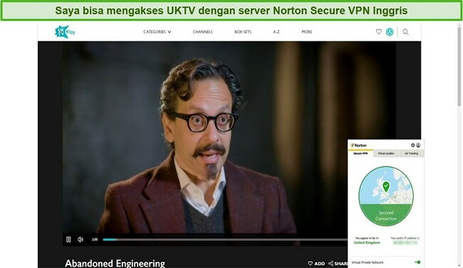 Tangkapan layar dari Norton Secure VPN yang membuka blokir UKTV dan streaming Abandoned Engineering