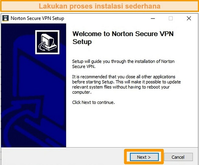 Cuplikan layar dari langkah pertama proses penginstalan Windows Norton Secure VPN