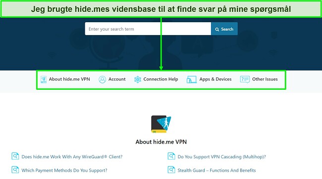 Skærmbillede af hide.me's Knowledge Base-side