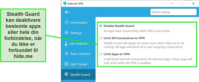 Skærmbillede af Stealth Guard-indstillinger i hide.me's Windows-app