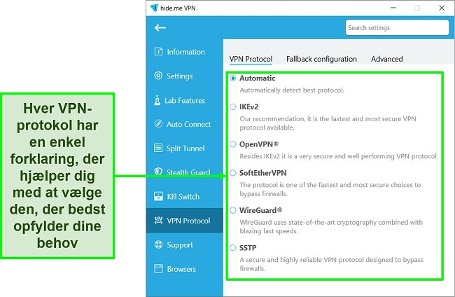 Skærmbillede af hide.me's VPN-protokolliste