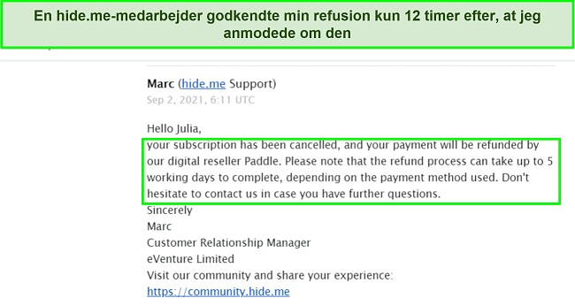 Skærmbillede af en e-mail, der godkender en refusion fra hide.me