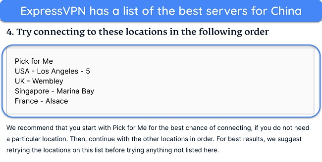 Screenshot of ExpressVPN's recommended servers for connecting from China