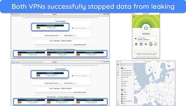 images of IP , DNS, and WebRTC leak tests showing no data leaks for both ExpressVPN and NordVPN