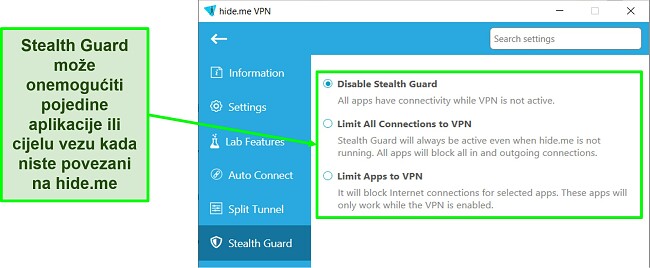 Snimka zaslona postavki Stealth Guarda u hide.me Windows aplikaciji