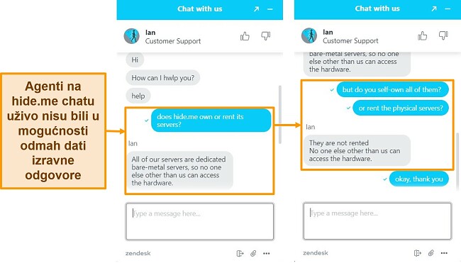 Snimke zaslona live chat razgovora s hide.me agentom