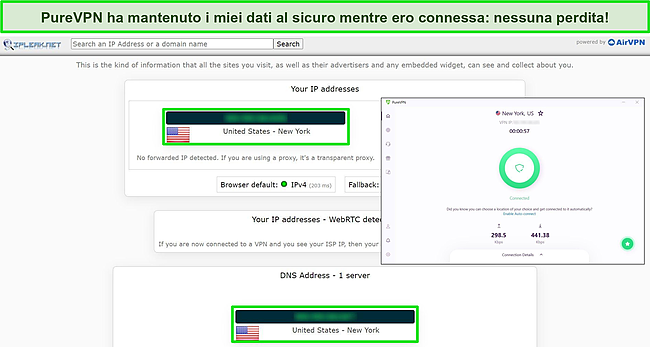 Screenshot di un test di tenuta da IPLeak.net che non mostra perdite di dati, con PureVPN connesso a un server statunitense.