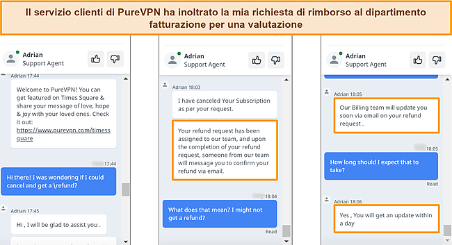 Screenshot del servizio clienti di PureVPN che risponde a una richiesta di rimborso e inoltra la richiesta al team di fatturazione.