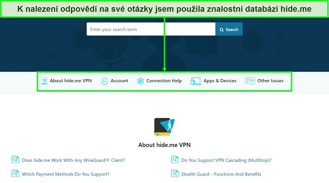 Snímek obrazovky se stránkou znalostní báze hide.me