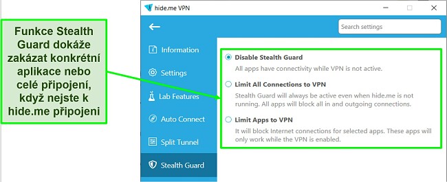 Snímek obrazovky nastavení Stealth Guard v aplikaci hide.me pro Windows