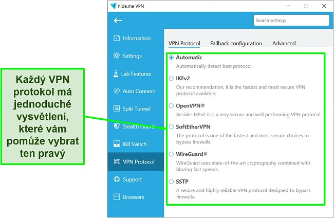 Snímek obrazovky seznamu protokolů VPN hide.me