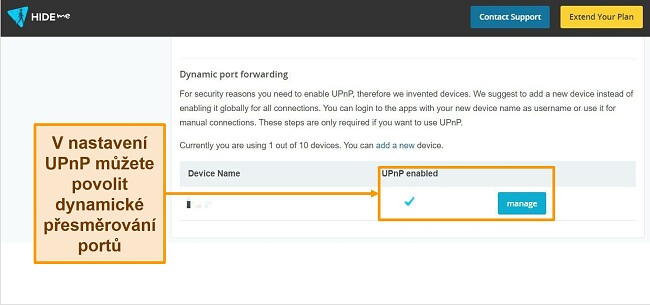 Snímek obrazovky nastavení dynamického přesměrování portů hide.me