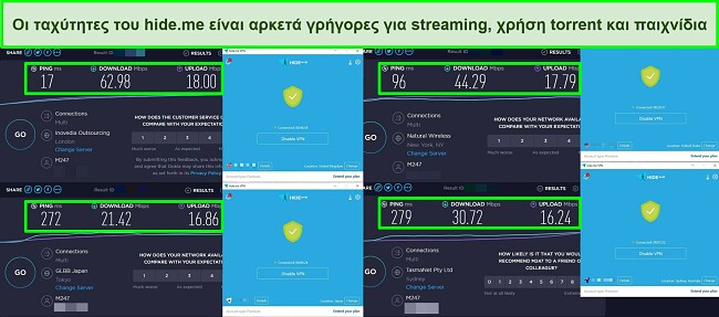 Στιγμιότυπα από δοκιμές ταχύτητας που πραγματοποιήθηκαν σε 4 διακομιστές hide.me