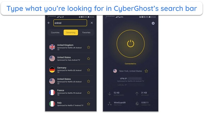 Screenshot of CyberGhost's optimized servers for Androiod TV on its Android app