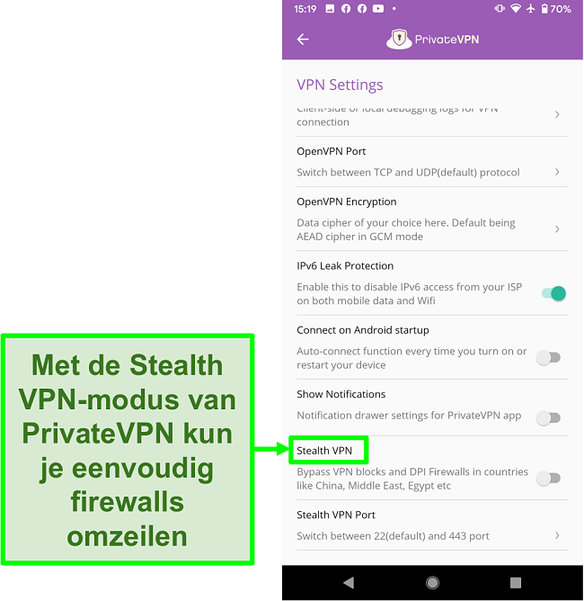 Screenshot van de PrivateVPN Android-app met de Stealth VPN-functie die helpt om VPN-blokkades te omzeilen