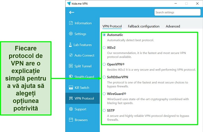 Captură de ecran a listei de protocoale VPN a hide.me