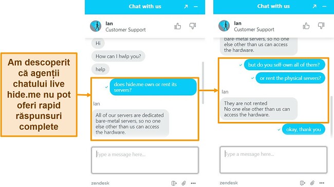 Capturi de ecran ale unei conversații prin chat live cu un agent hide.me