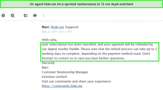 Captură de ecran a unui e-mail care aprobă o rambursare de la hide.me