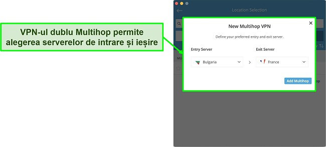 Captură de ecran cu crearea unei conexiuni VPN dublă Multihop în aplicația MacOS a hide.me