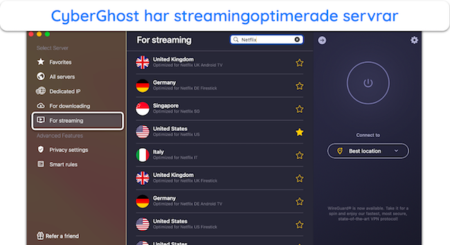 Skärmdump av CyberGhosts optimerade servrar för Netflix