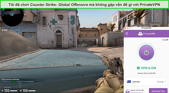 Ảnh chụp màn hình trận đấu Counter-Strike trong khi PrivateVPN được kết nối với máy chủ ở Úc.