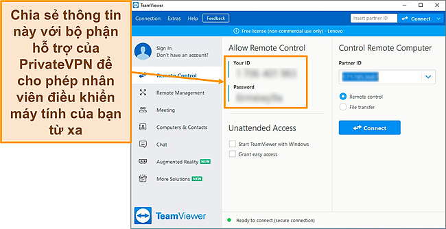 Ảnh chụp màn hình chính của TeamViewer trong Windows.