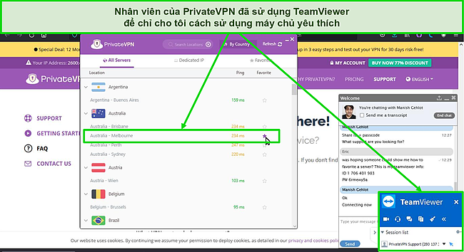 Ảnh chụp màn hình của đại lý trò chuyện trực tiếp PrivateVPN bằng cách sử dụng TeamViewer để chứng minh.