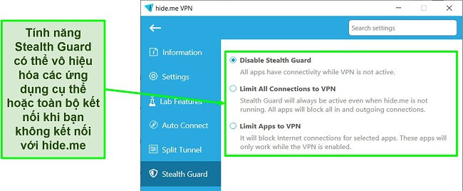 Ảnh chụp màn hình cài đặt Stealth Guard trong ứng dụng Windows của hide.me