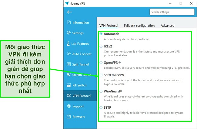 Ảnh chụp màn hình danh sách giao thức VPN của hide.me