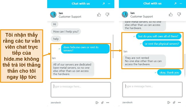 Ảnh chụp màn hình của cuộc trò chuyện trực tiếp với nhân viên hide.me