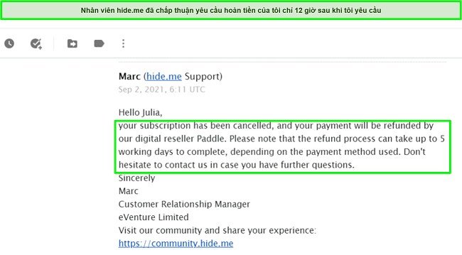Ảnh chụp màn hình email phê duyệt khoản tiền hoàn lại từ hide.me