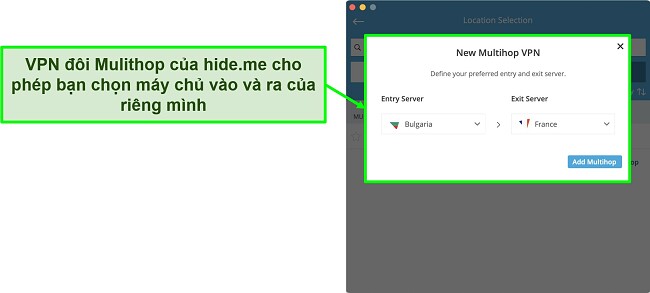 Ảnh chụp màn hình tạo kết nối VPN kép Multihop trên ứng dụng MacOS của hide.me