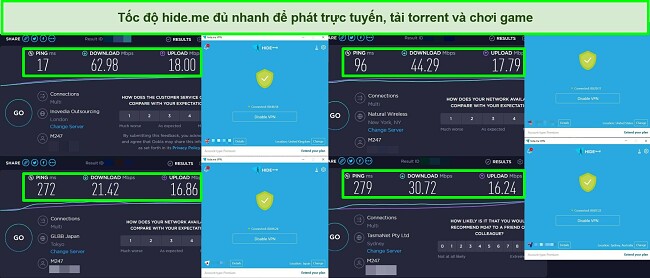 Ảnh chụp màn hình của các bài kiểm tra tốc độ được thực hiện trên 4 máy chủ hide.me