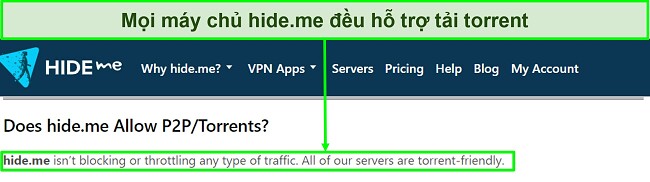 Ảnh chụp màn hình Câu hỏi thường gặp của hide.me xác nhận VPN hỗ trợ torrent