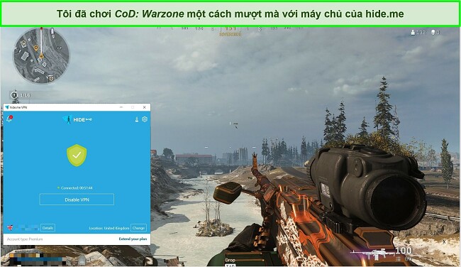 Ảnh chụp màn hình của trò chơi Call of Duty: Warzone với kết nối máy chủ hide.me