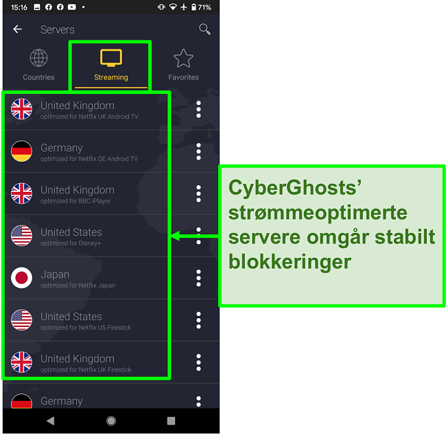 Skjermbilde av strømningsoptimaliserte servere fra CyberGhost