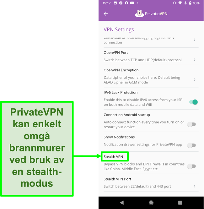 Skjermbilde av PrivateVPN Android-app som viser Stealth VPN-funksjon som hjelper å omgå VPN-blokker