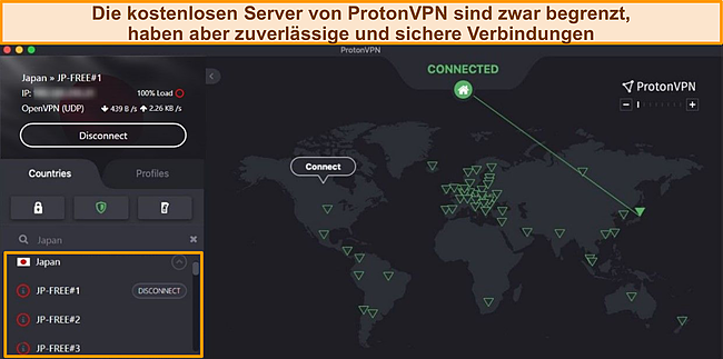 Screenshot von Proton VPN, das mit einem kostenlosen Server in Japan verbunden ist.