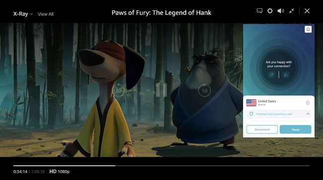 Снимок экрана: Paws of Fury воспроизводится на Amazon Prime Video с Surfshark, подключенным к серверу в Бостоне, США.