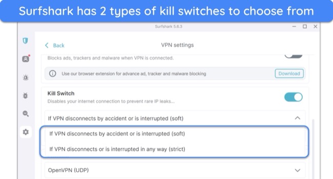 Screenshot of Surfshark's kill switch options