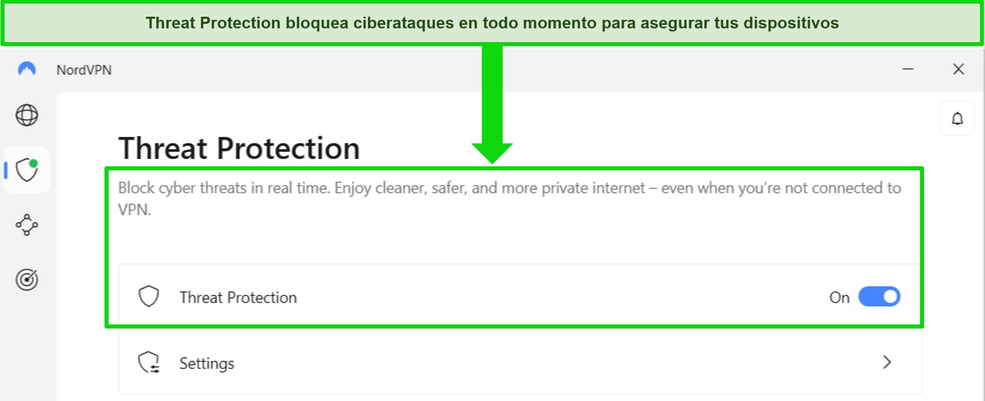 Captura de pantalla de la aplicación de Windows de NordVPN que muestra que la función Protección contra amenazas siempre está activada.