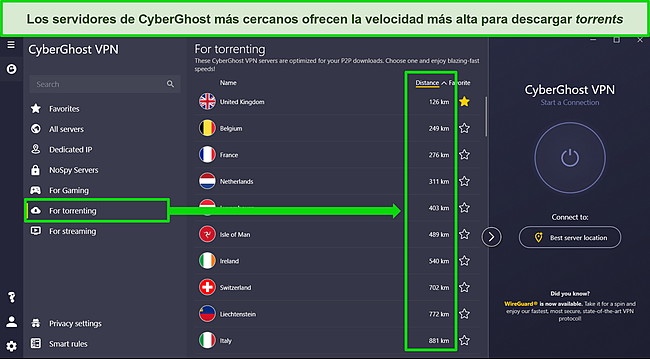 Captura de pantalla de la aplicación de Windows de CyberGhost con una lista optimizada de servidores de torrents ordenados por distancia.